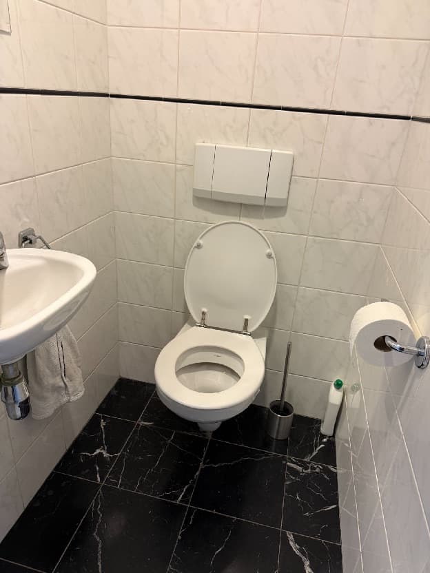 שירותי אורחים עם מכסה אסלה פתוח וזווית צילום לא מחמיאה