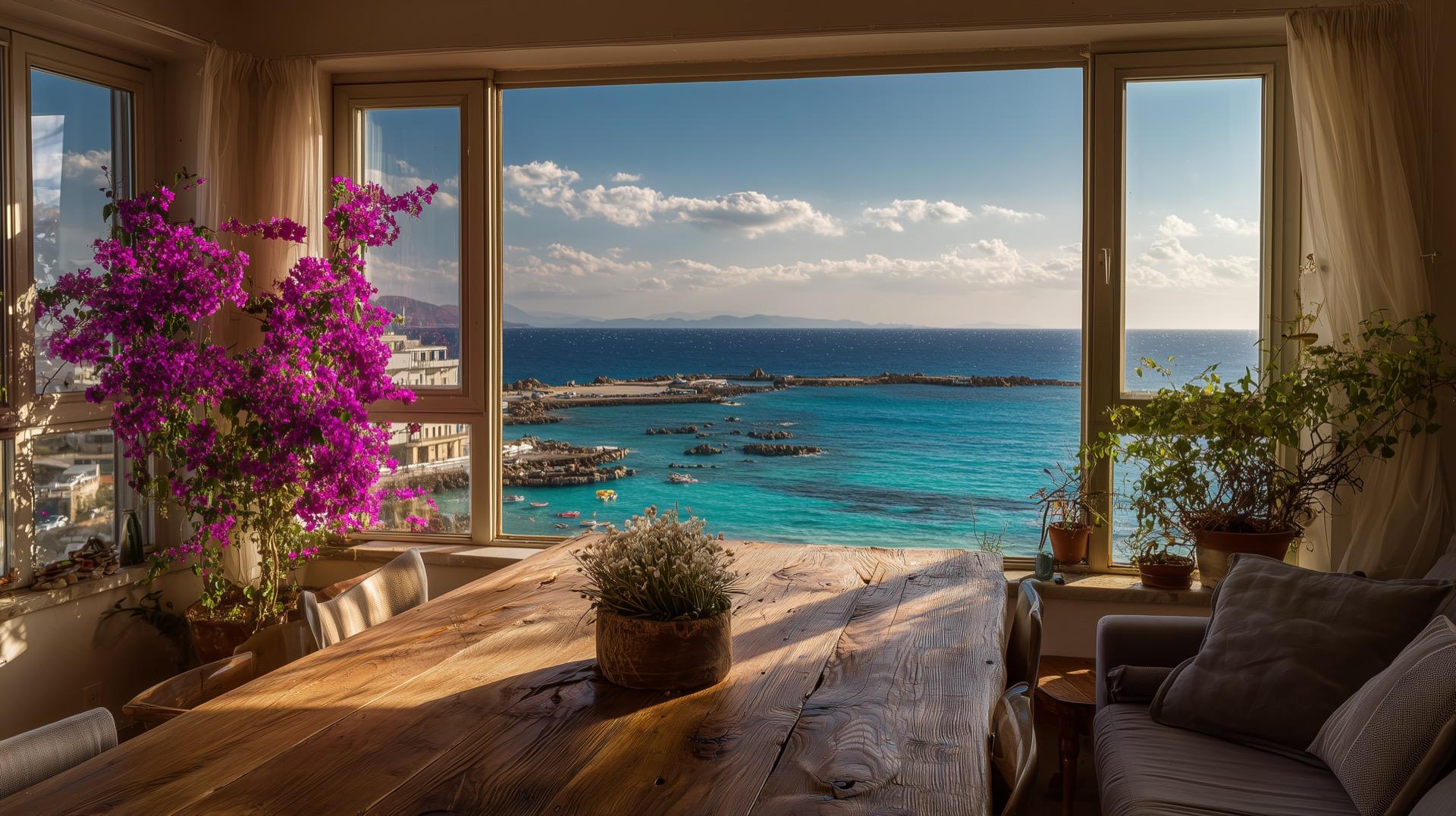 Bright living room with Mediterranean sea view